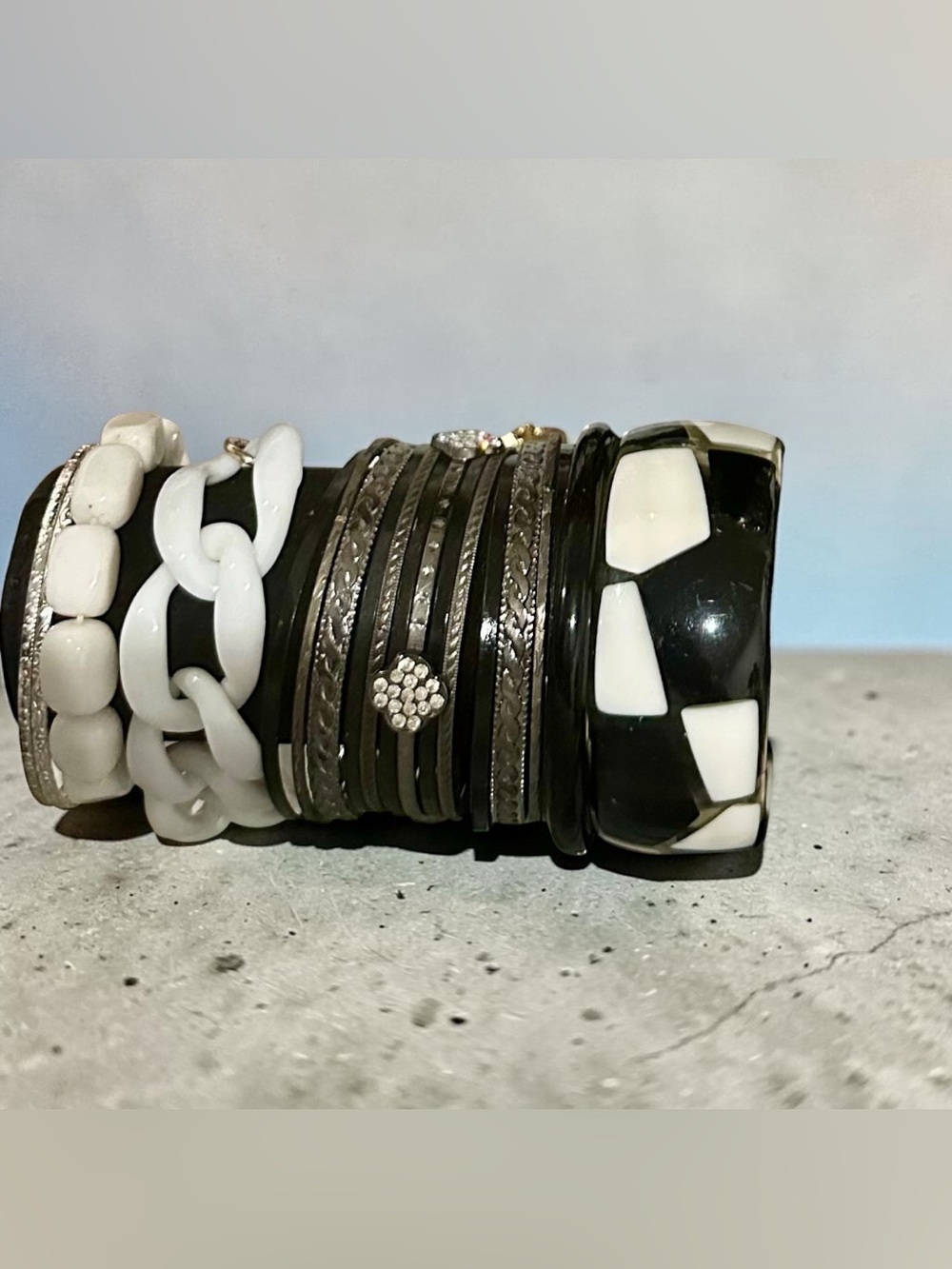 Vintage Black White Bangle Bracelet Stack Chunky Resin Lucite Silver Set